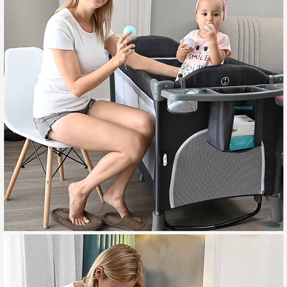 PANGDUBE 4-in-1 Foldable Baby Bedside Crib Newborn Bed Multifunctional Bassinet with Changing Table Convertible Baby Rocker