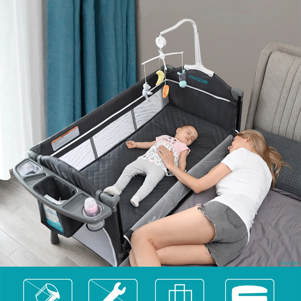 PANGDUBE 4-in-1 Foldable Baby Bedside Crib Newborn Bed Multifunctional Bassinet with Changing Table Convertible Baby Rocker