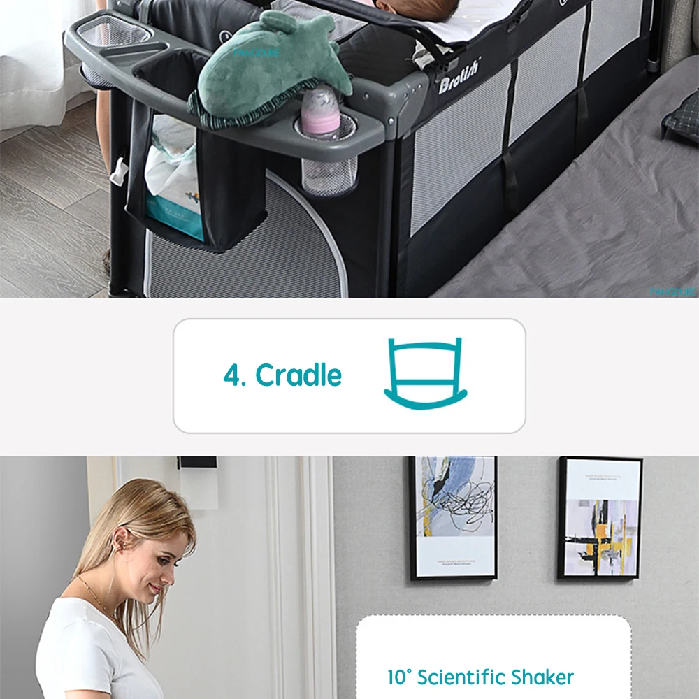 PANGDUBE 4-in-1 Foldable Baby Bedside Crib Newborn Bed Multifunctional Bassinet with Changing Table Convertible Baby Rocker