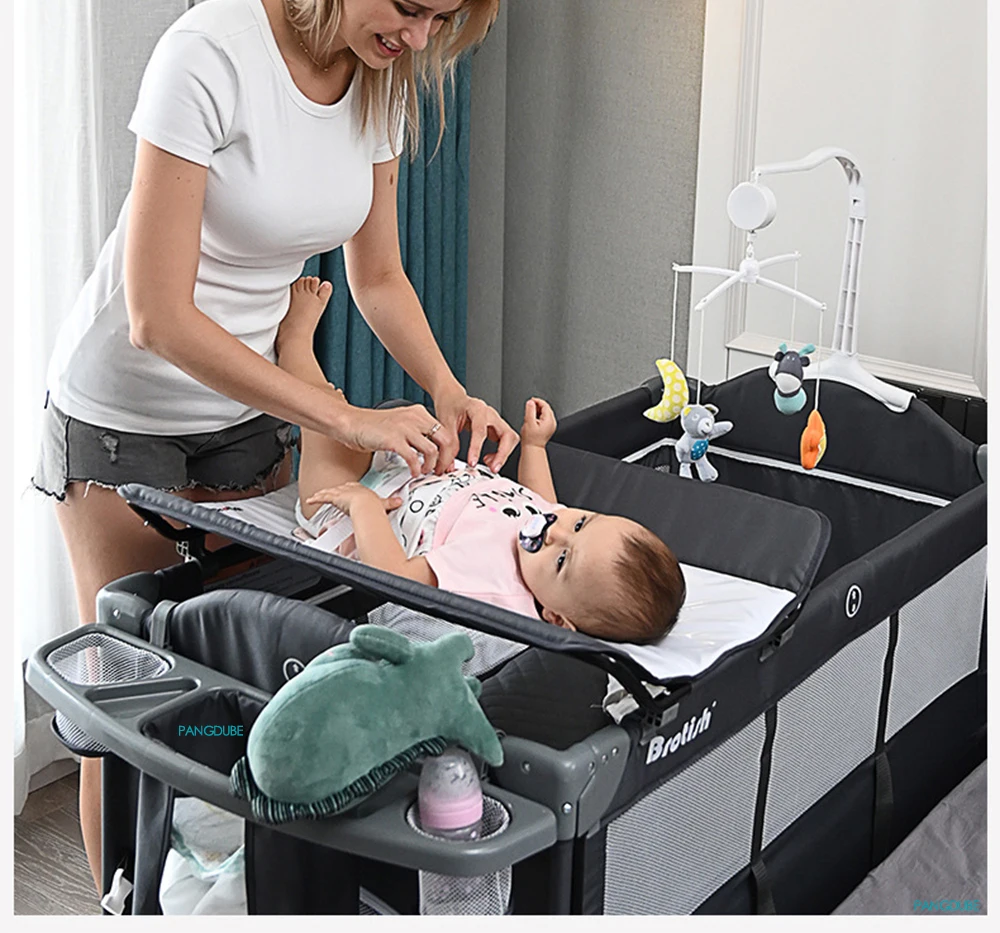 PANGDUBE 4-in-1 Foldable Baby Bedside Crib Newborn Bed Multifunctional Bassinet with Changing Table Convertible Baby Rocker