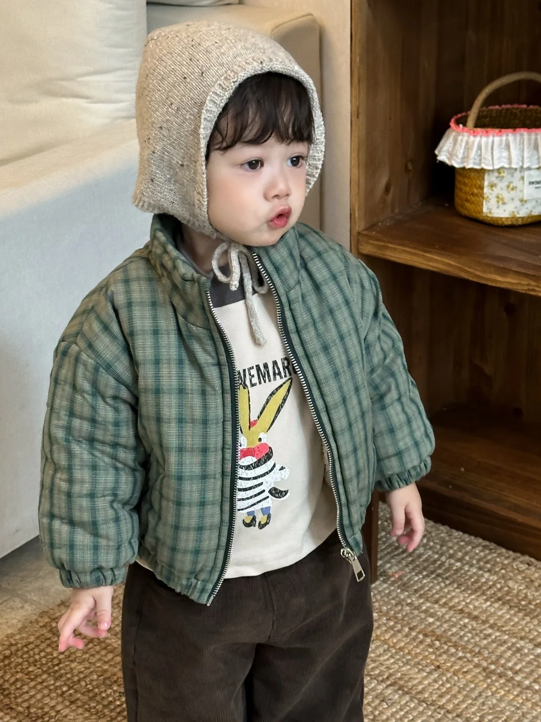 2025 Winter New Children Warm Plaid Coat Boys Girls Cotton Padded Jacket Long Sleeve Baby Plus Velvet Thick Coat Kids Clothes