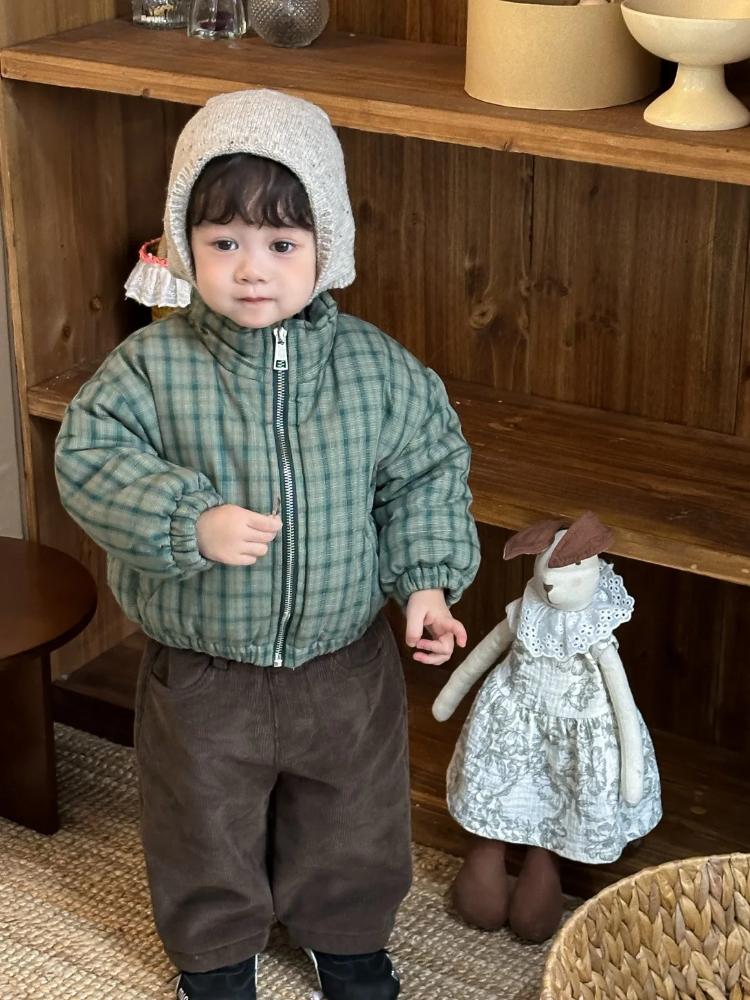 2025 Winter New Children Warm Plaid Coat Boys Girls Cotton Padded Jacket Long Sleeve Baby Plus Velvet Thick Coat Kids Clothes