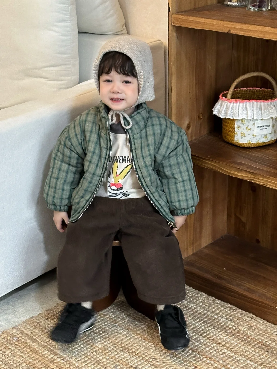 2025 Winter New Children Warm Plaid Coat Boys Girls Cotton Padded Jacket Long Sleeve Baby Plus Velvet Thick Coat Kids Clothes
