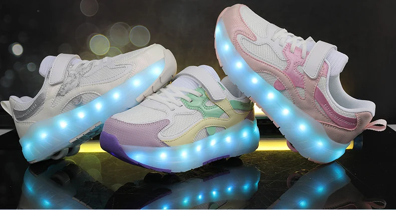 2026 Boys Girls Roller Shoes LED Light Up USB Charging Children Roller Skate Glowing Skateboarding Shoes Sports Kids Sneakers Ne