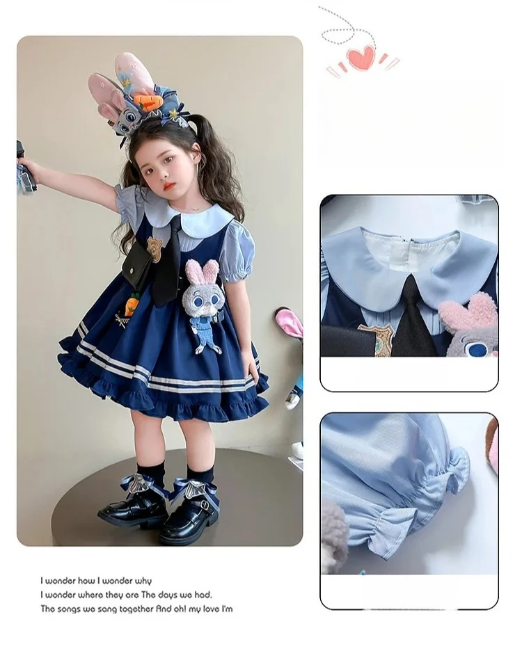 Girl Cosplay Judy Hopps Police Officer Dress Ear Sheriff Hat Bunny Costume Kids Dress Up Halloween Rabbit Disguise Dress Outfits