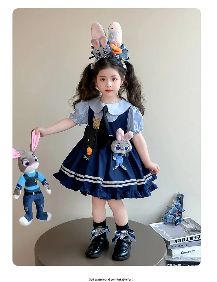 Girl Cosplay Judy Hopps Police Officer Dress Ear Sheriff Hat Bunny Costume Kids Dress Up Halloween Rabbit Disguise Dress Outfits