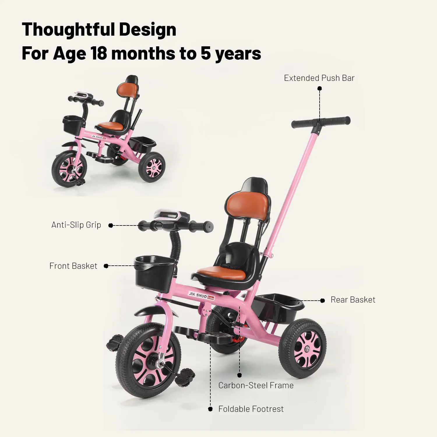 Trike for Children Aged 18 Months to 5 Years, Trike with Push Handle, Toddler Trike with Basket, Children’s Ride-on Trike, Ideal Gift for Boys and Girls, Red/Green/Pink