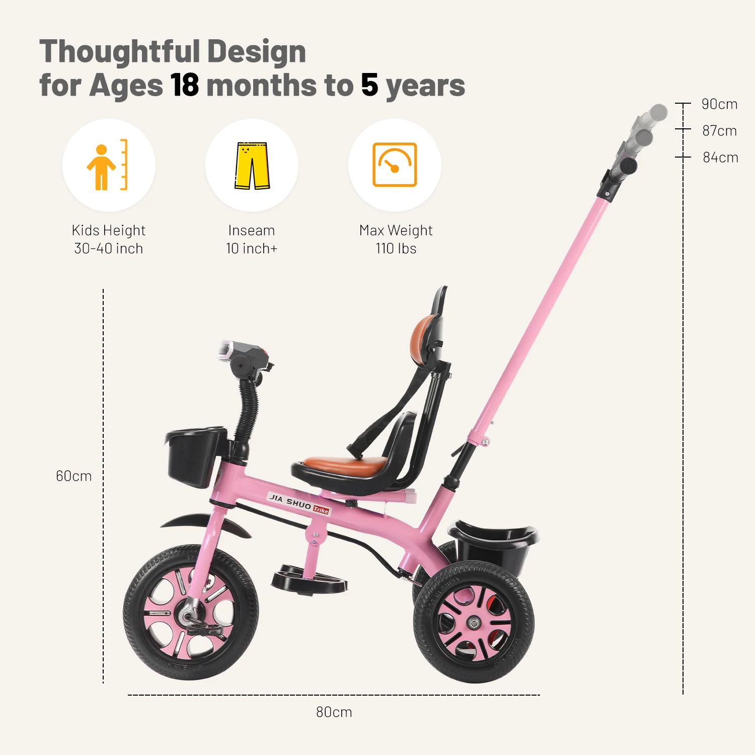 Trike for Children Aged 18 Months to 5 Years, Trike with Push Handle, Toddler Trike with Basket, Children’s Ride-on Trike, Ideal Gift for Boys and Girls, Red/Green/Pink