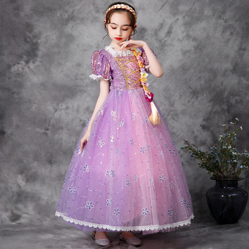 Muababy Rapunzel Princess Cosplay Dress Set Tangled Halloween Birthday Christmas Party Outfit for Girls Kids 2-10Y Vestido