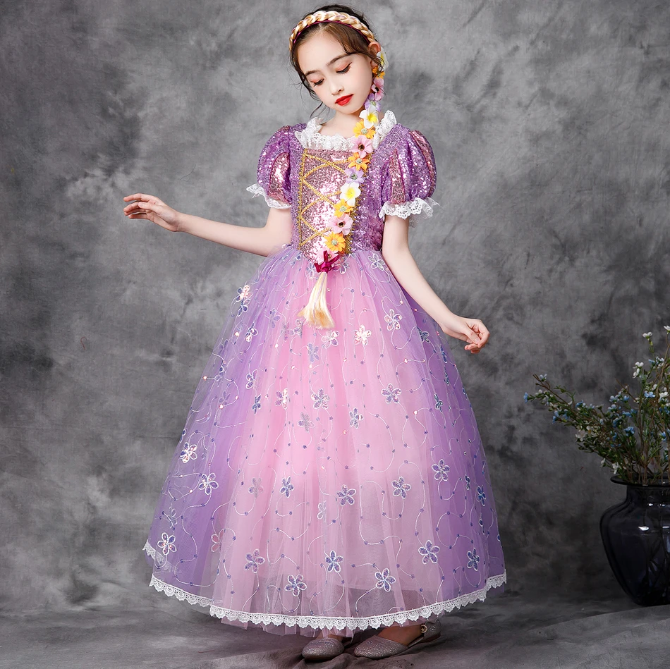 Muababy Rapunzel Princess Cosplay Dress Set Tangled Halloween Birthday Christmas Party Outfit for Girls Kids 2-10Y Vestido