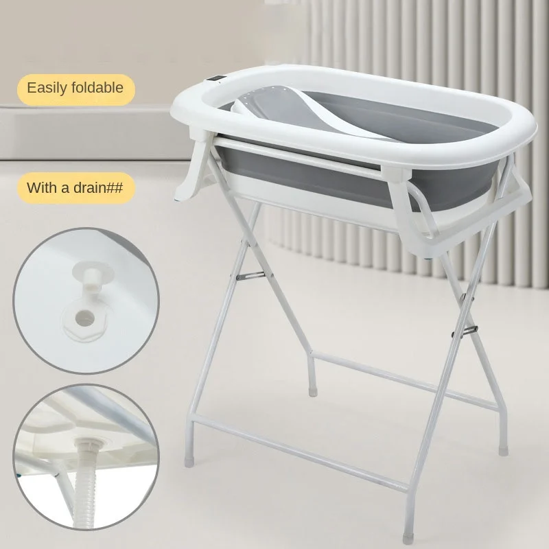 Newborn Bath Tub with Stand Set: Back-Friendly Bathing and Changing Table, Foldable, with Drain and Non-Slip Base for Baby