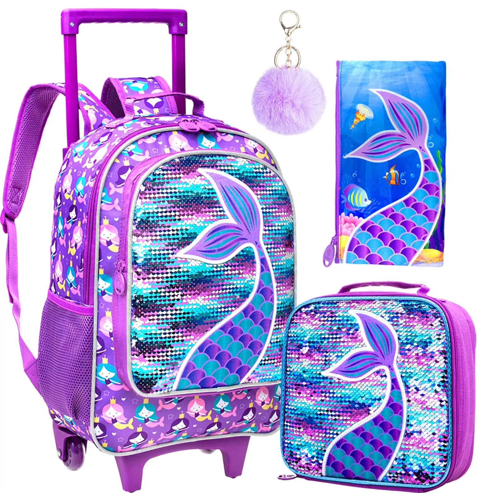 3PCS Rolling Backpack for Girls, Kids Roller Wheels Bookbag, Wheeled School Bag with Lunch Bag - Mermaid