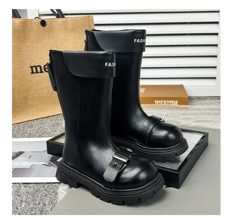 Little Girls Chunky Mid-calf Boots 2026 New Autumn Winter Kid British Style Leather Boots with Buckle Non-slip Kids Riding Boots