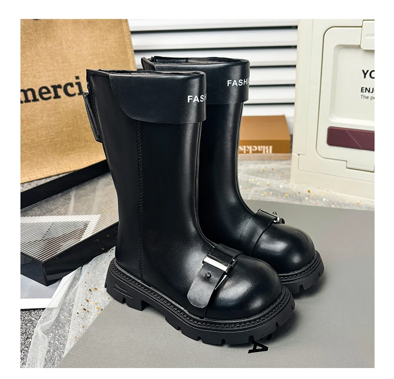 Little Girls Chunky Mid-calf Boots 2026 New Autumn Winter Kid British Style Leather Boots with Buckle Non-slip Kids Riding Boots