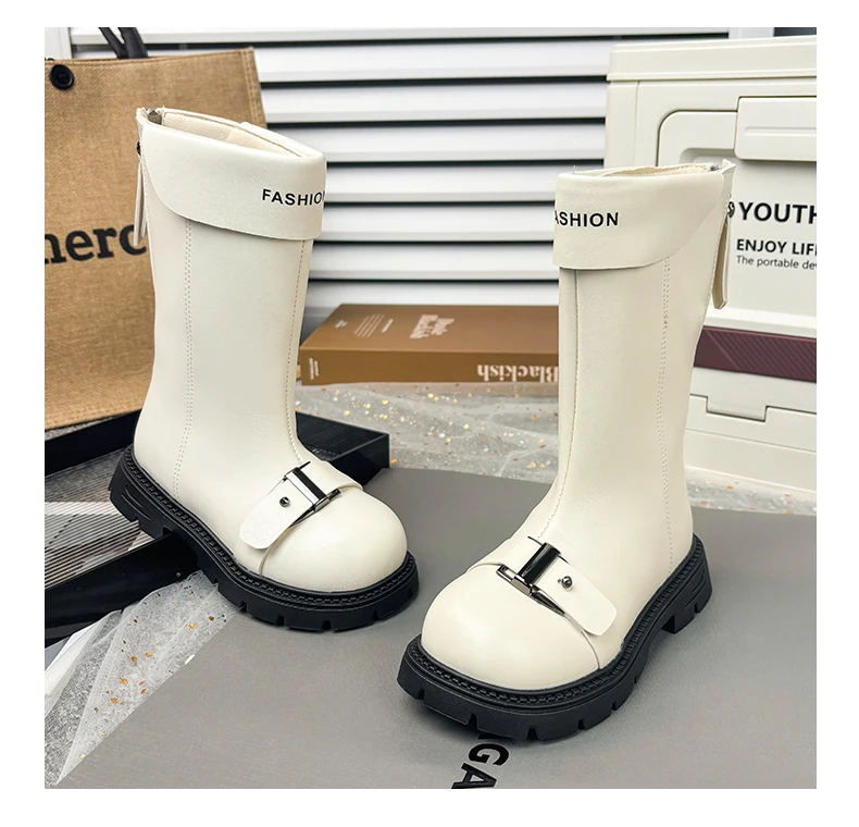 Little Girls Chunky Mid-calf Boots 2026 New Autumn Winter Kid British Style Leather Boots with Buckle Non-slip Kids Riding Boots
