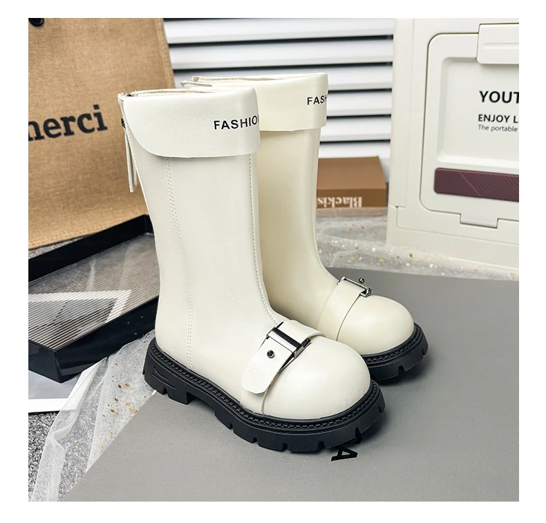 Little Girls Chunky Mid-calf Boots 2026 New Autumn Winter Kid British Style Leather Boots with Buckle Non-slip Kids Riding Boots