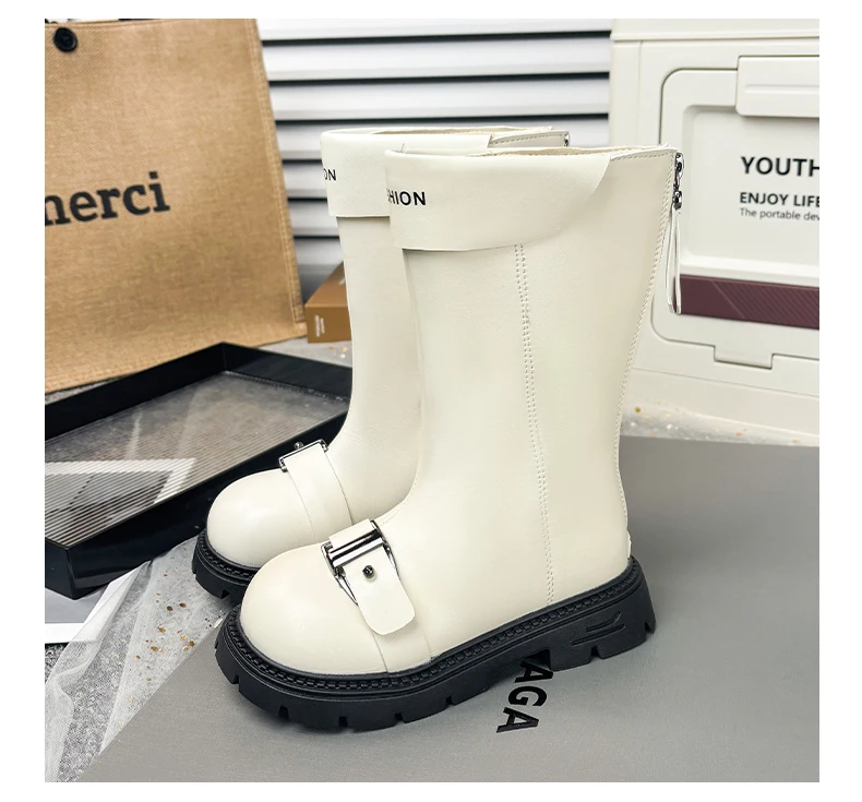 Little Girls Chunky Mid-calf Boots 2026 New Autumn Winter Kid British Style Leather Boots with Buckle Non-slip Kids Riding Boots
