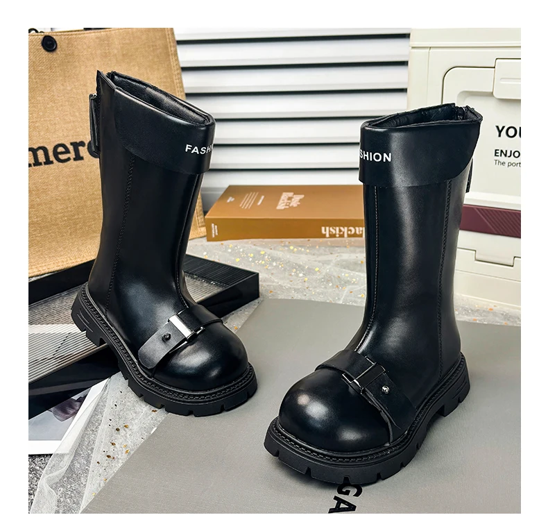 Little Girls Chunky Mid-calf Boots 2026 New Autumn Winter Kid British Style Leather Boots with Buckle Non-slip Kids Riding Boots