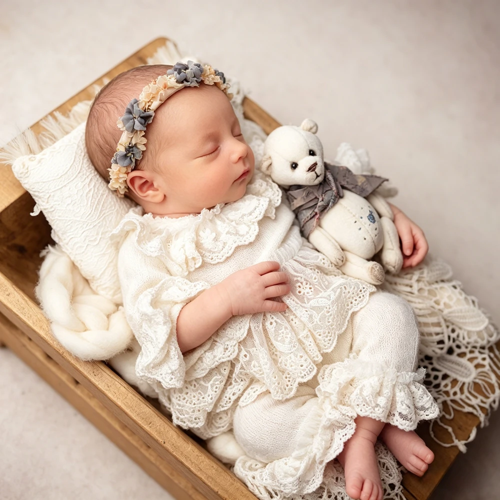 Baby Girl Newborn White Lace Ruffle Top Pants Set Photography Props Infant Photo Shoot Princess Outfit Soft Fabric