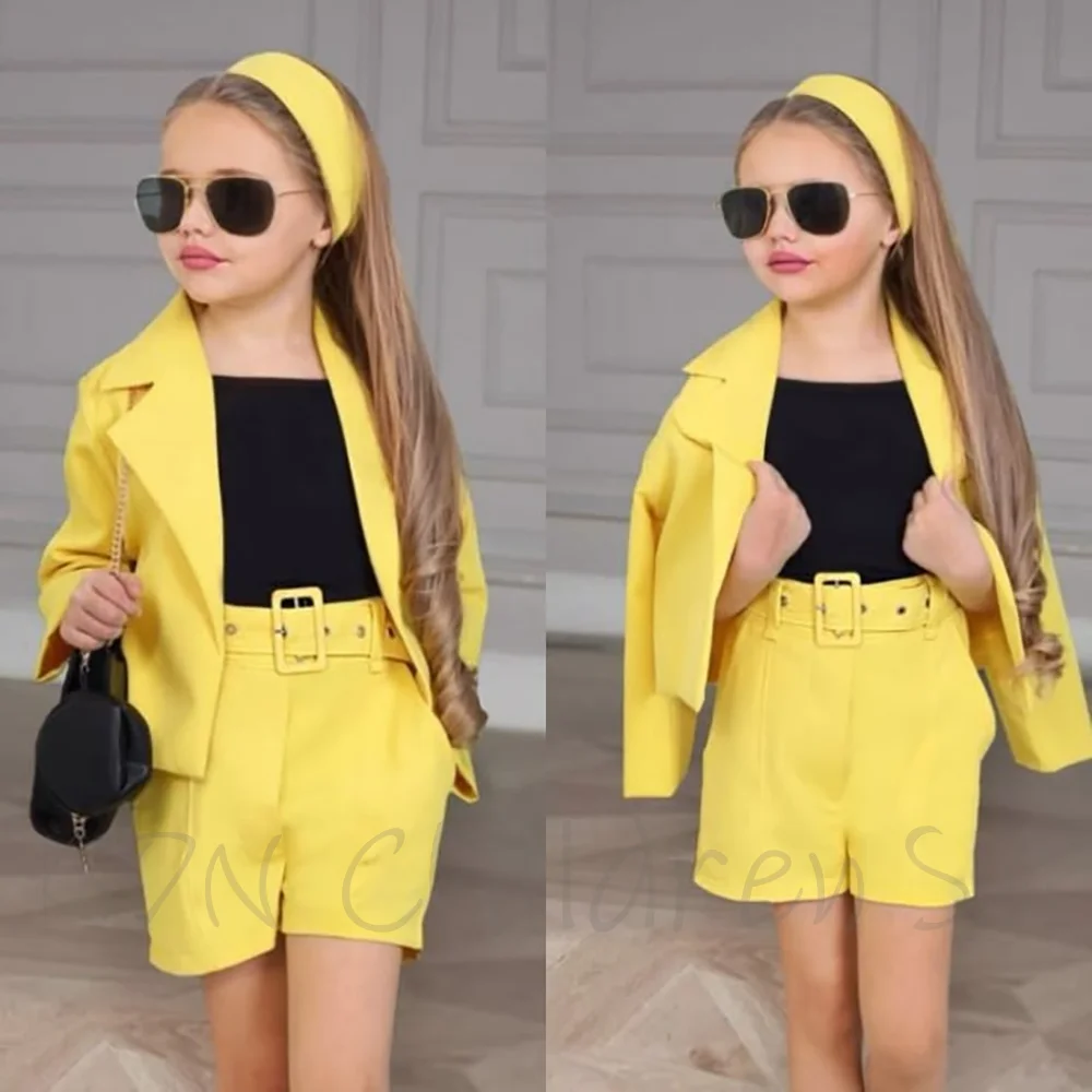 Customized Girl Outfit Solid Yellow Notch Lapel Girl Suits High Quality Party Birthday Children Clothing(Jacket+Short Pants)
