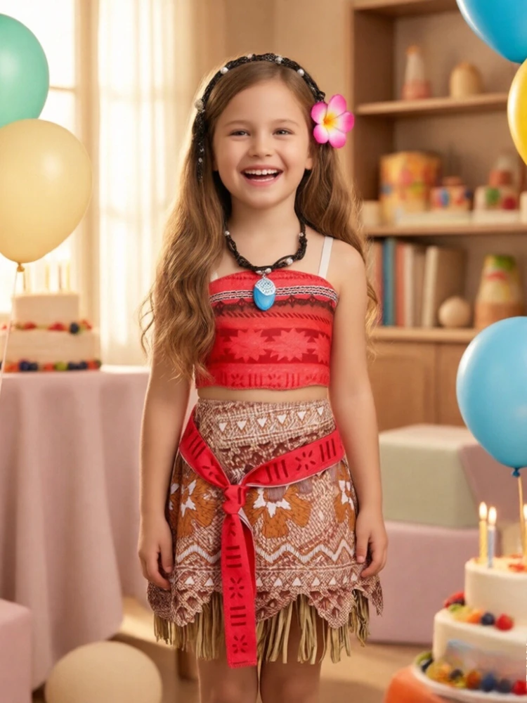 Summer Moana Dress for Kids Girls Princess Vaiana Cosplay Carnival Children Birthday Party Headwear Necklace Pet Pig Chicken Set
