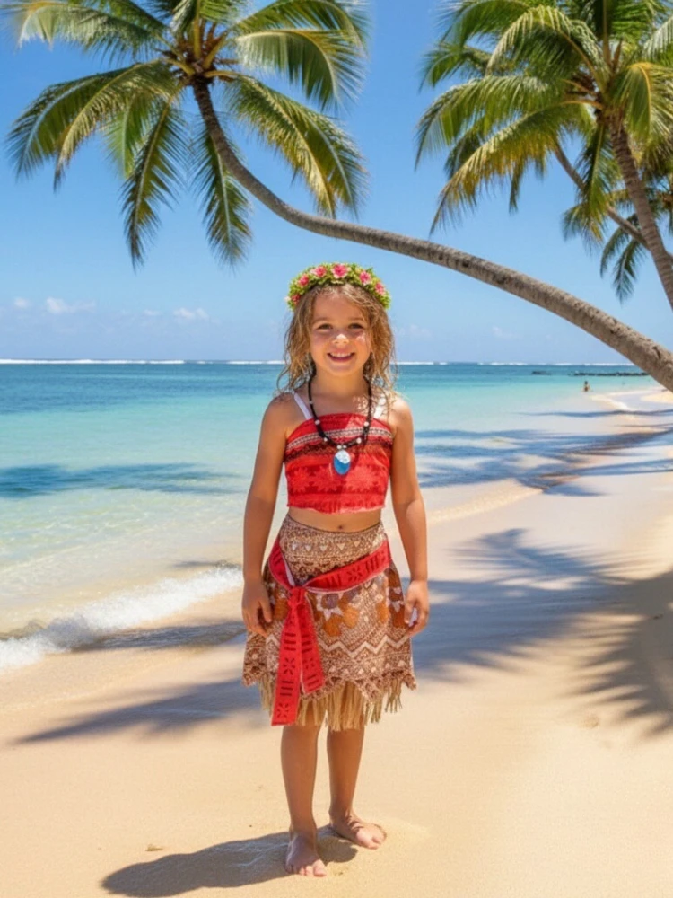 Summer Moana Dress for Kids Girls Princess Vaiana Cosplay Carnival Children Birthday Party Headwear Necklace Pet Pig Chicken Set