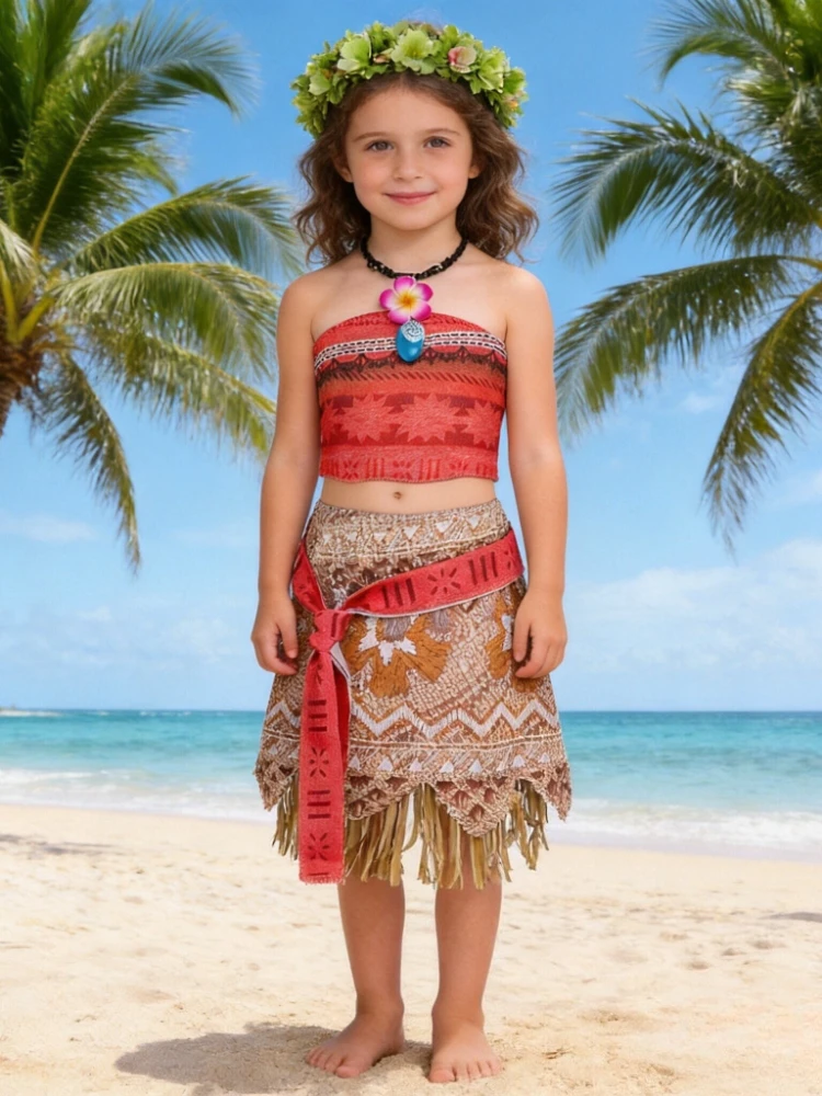 Summer Moana Dress for Kids Girls Princess Vaiana Cosplay Carnival Children Birthday Party Headwear Necklace Pet Pig Chicken Set