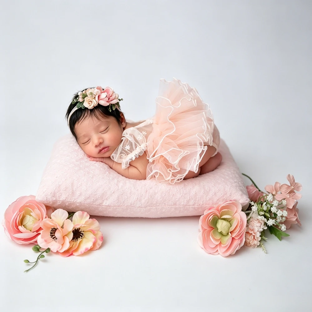 Newborn Photography Props Girl Lace Romper Ruffle Sleeve Infant Photoshoot Outfits Backless Baby Jumpsuit Studio Posing Costume