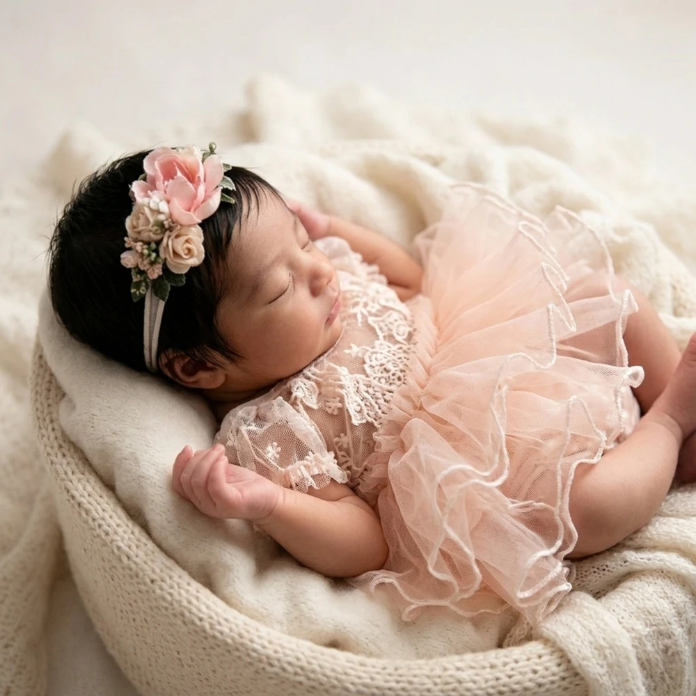 Newborn Photography Props Girl Lace Romper Ruffle Sleeve Infant Photoshoot Outfits Backless Baby Jumpsuit Studio Posing Costume