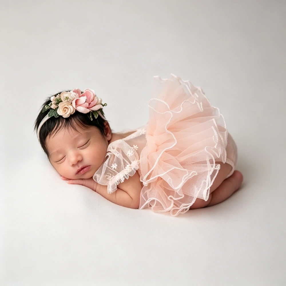 Newborn Photography Props Girl Lace Romper Ruffle Sleeve Infant Photoshoot Outfits Backless Baby Jumpsuit Studio Posing Costume