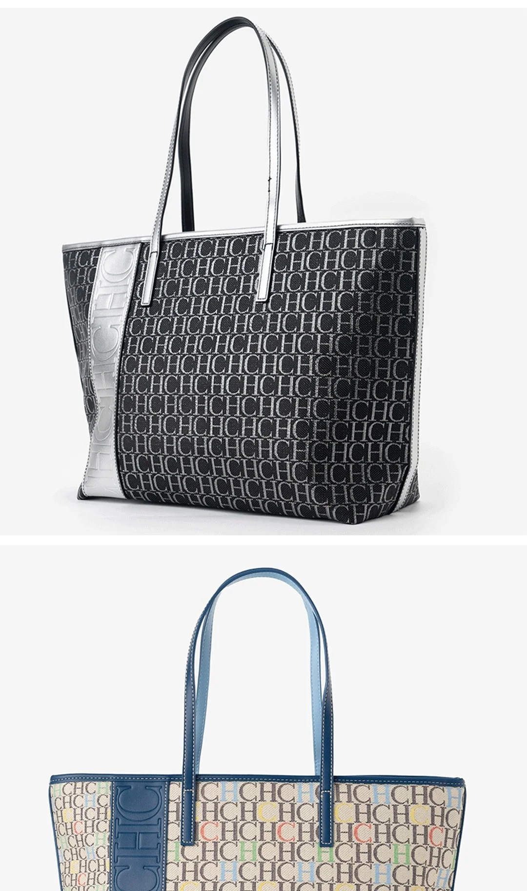 CH Tote Bag Monogram Print Large Capacity Shoulder Bag Brown Genuine Leather Trim Top Handle Handbag For Women Work Travel