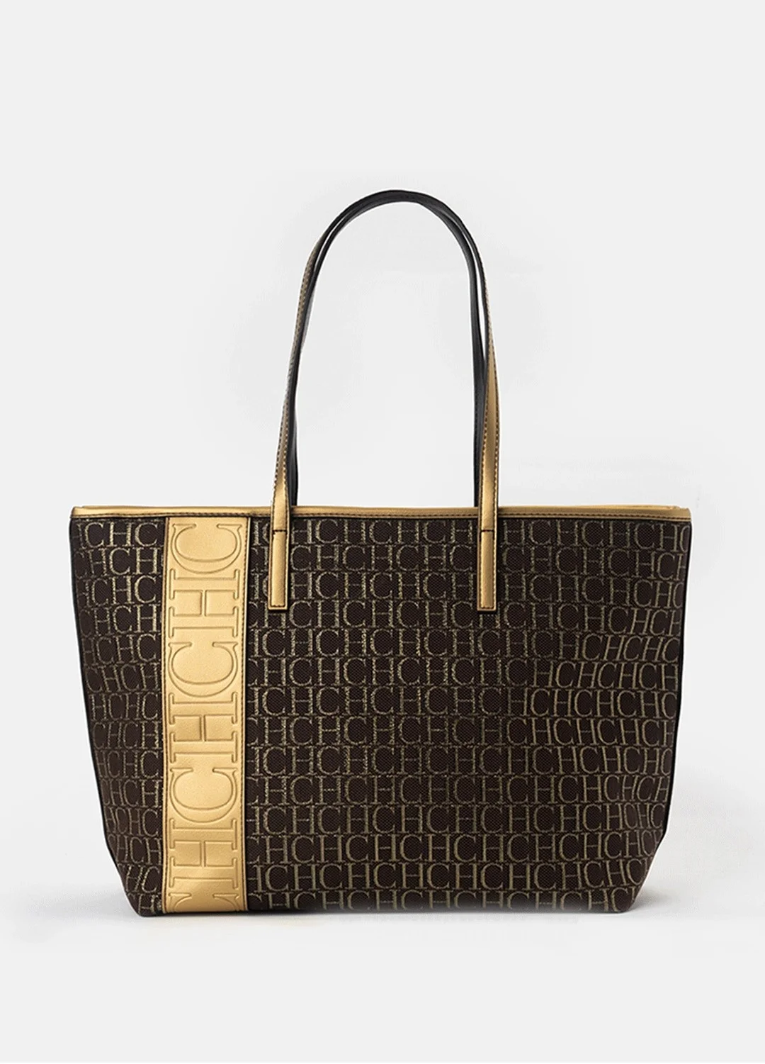 CH Tote Bag Monogram Print Large Capacity Shoulder Bag Brown Genuine Leather Trim Top Handle Handbag For Women Work Travel