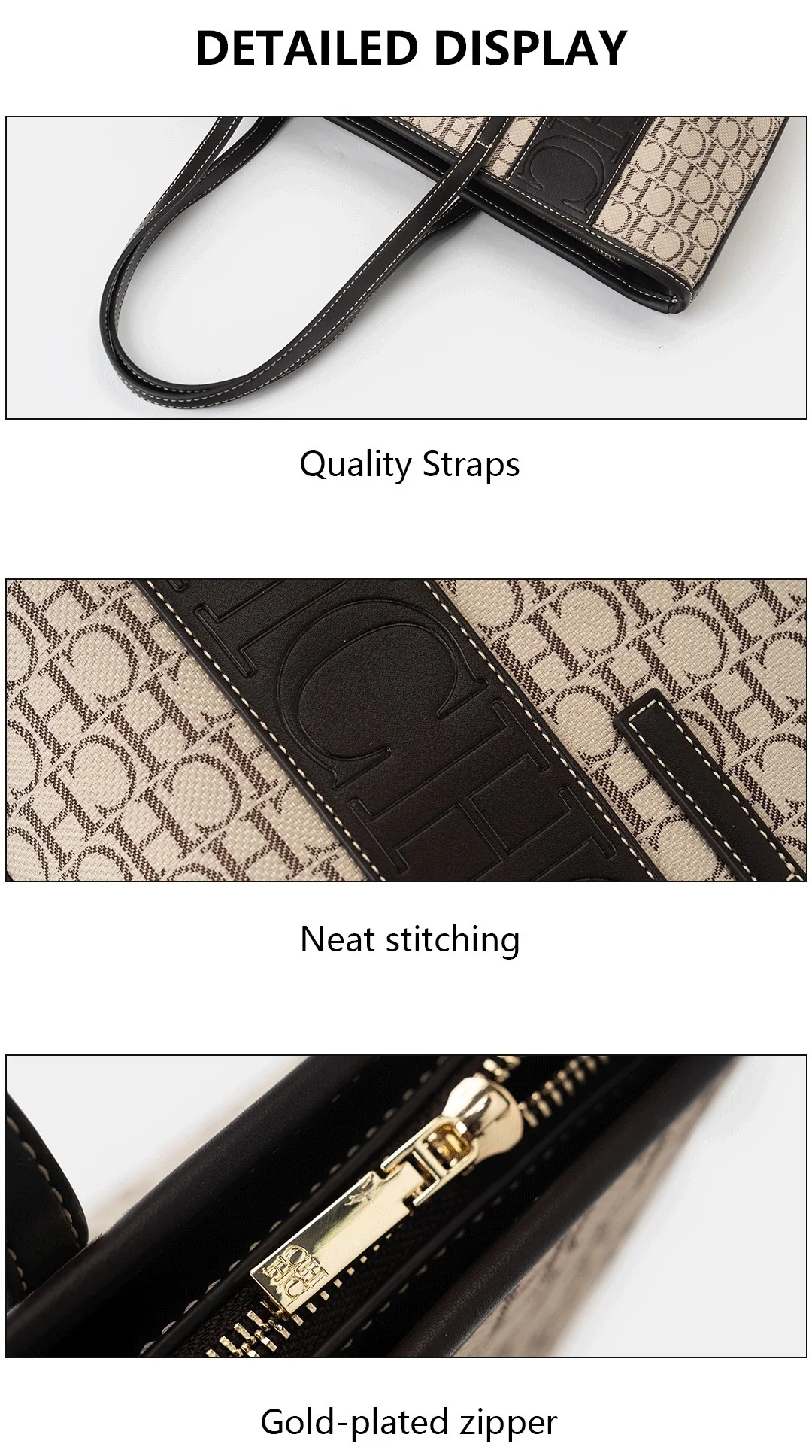 CH Tote Bag Monogram Print Large Capacity Shoulder Bag Brown Genuine Leather Trim Top Handle Handbag For Women Work Travel