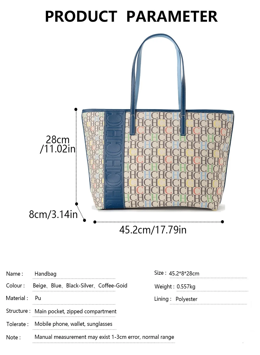CH Tote Bag Monogram Print Large Capacity Shoulder Bag Brown Genuine Leather Trim Top Handle Handbag For Women Work Travel
