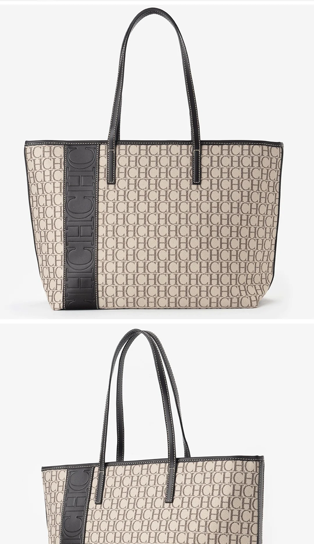 CH Tote Bag Monogram Print Large Capacity Shoulder Bag Brown Genuine Leather Trim Top Handle Handbag For Women Work Travel