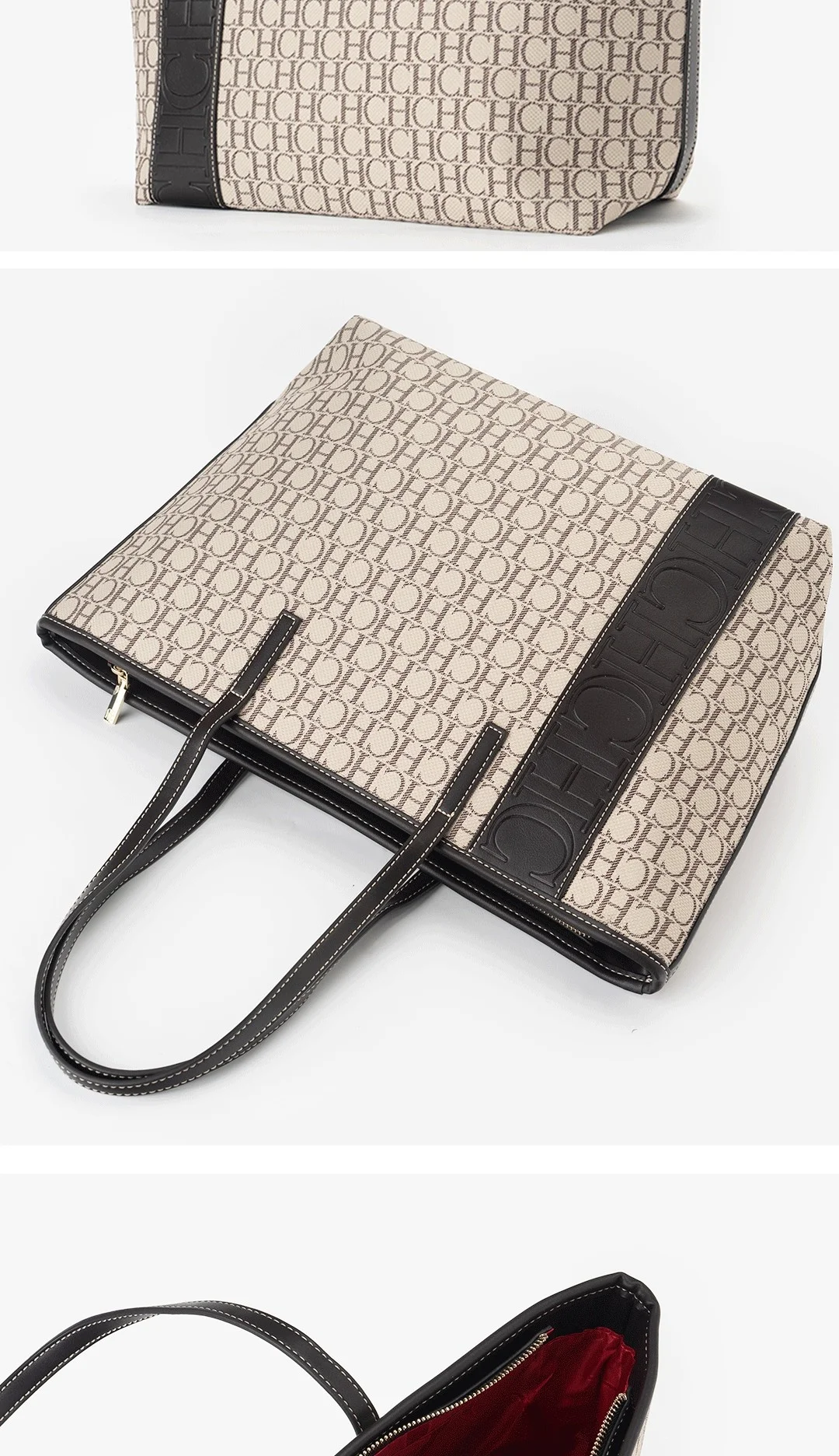 CH Tote Bag Monogram Print Large Capacity Shoulder Bag Brown Genuine Leather Trim Top Handle Handbag For Women Work Travel