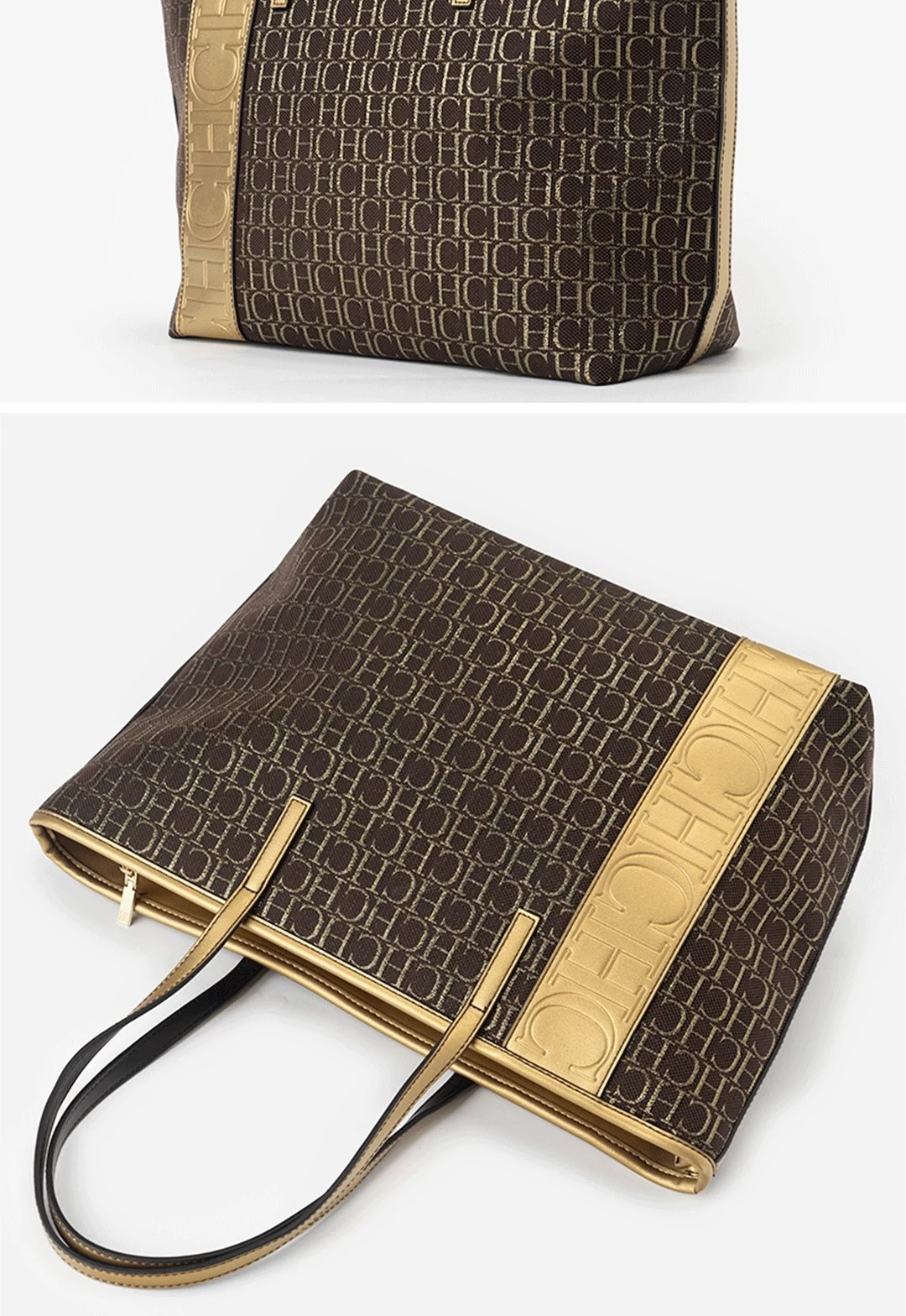 CH Tote Bag Monogram Print Large Capacity Shoulder Bag Brown Genuine Leather Trim Top Handle Handbag For Women Work Travel