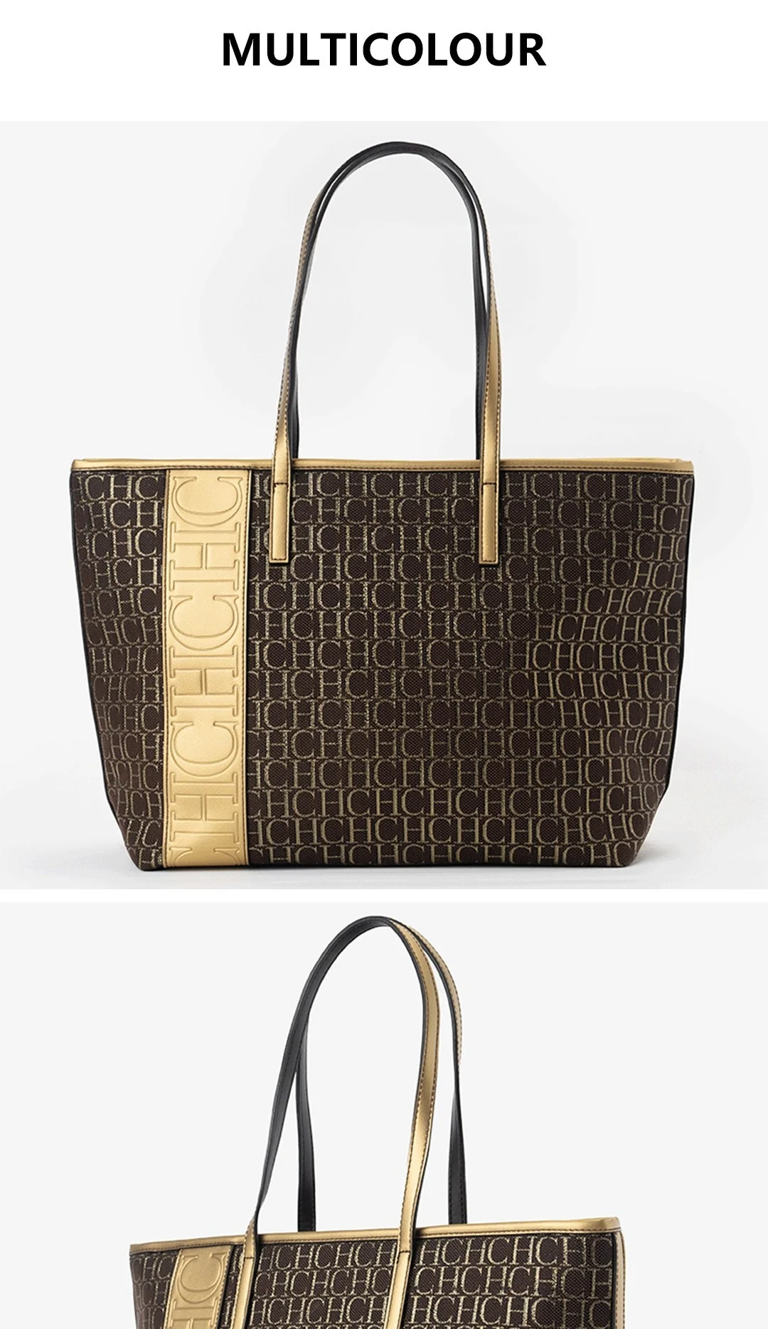 CH Tote Bag Monogram Print Large Capacity Shoulder Bag Brown Genuine Leather Trim Top Handle Handbag For Women Work Travel