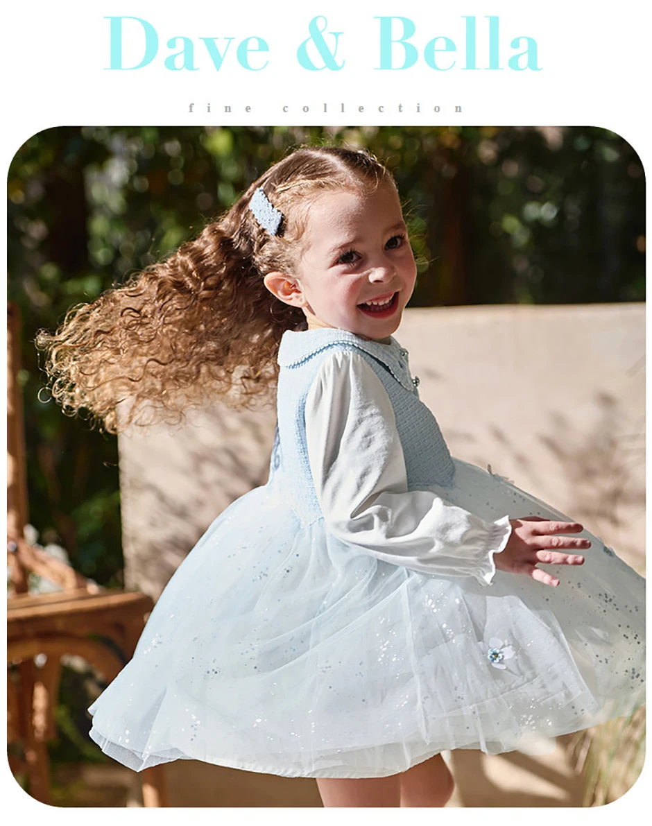 Dave Bella Mesh Floral Princess Dress Girls Baby Children Spring Autumn Sweet Charm Dress Party Wedding Clothes DB1261040