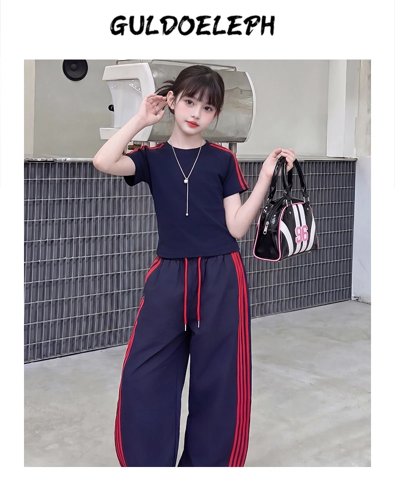 summer cotton teen girl sport clothes set Round Neck short t-shirt+Wide Leg pants 2pcs junior kid sportswear outfits Casual suit