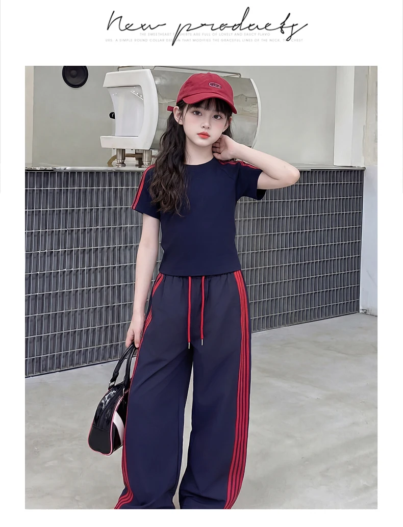 summer cotton teen girl sport clothes set Round Neck short t-shirt+Wide Leg pants 2pcs junior kid sportswear outfits Casual suit