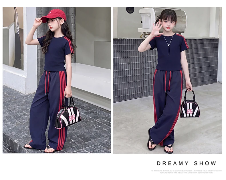 summer cotton teen girl sport clothes set Round Neck short t-shirt+Wide Leg pants 2pcs junior kid sportswear outfits Casual suit