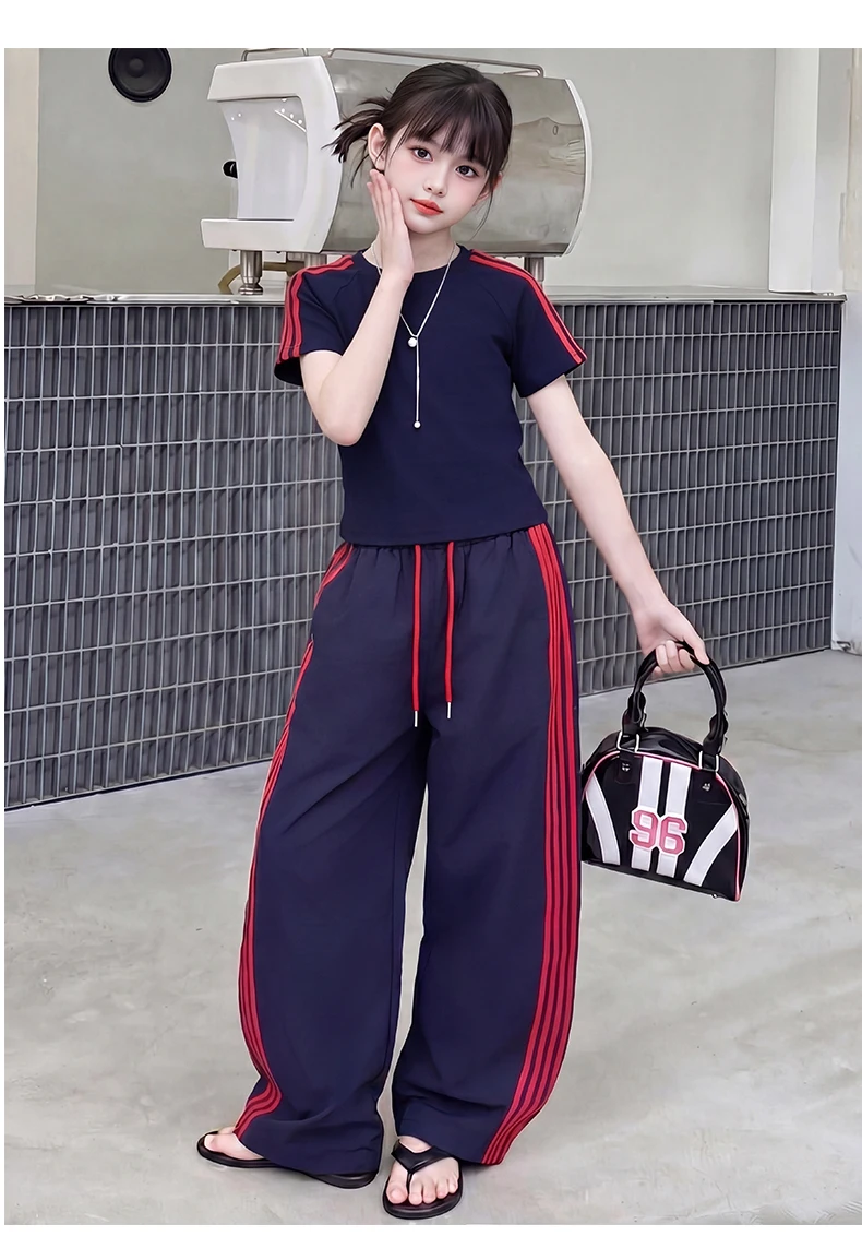 summer cotton teen girl sport clothes set Round Neck short t-shirt+Wide Leg pants 2pcs junior kid sportswear outfits Casual suit