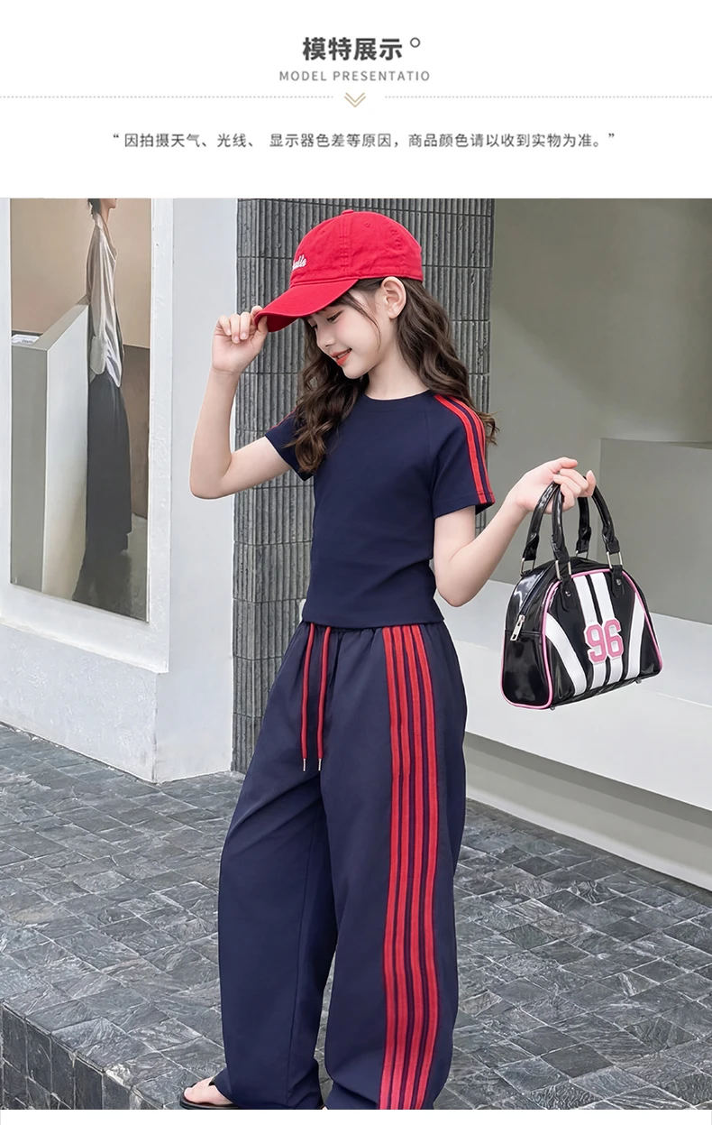 summer cotton teen girl sport clothes set Round Neck short t-shirt+Wide Leg pants 2pcs junior kid sportswear outfits Casual suit
