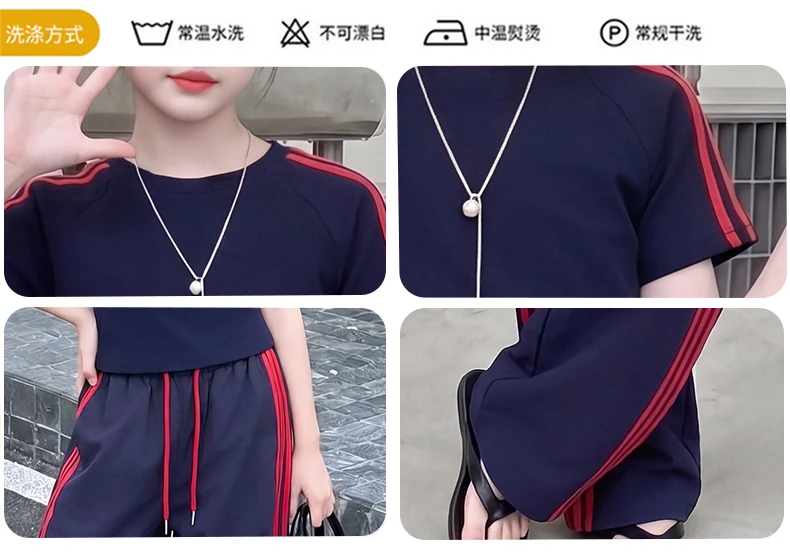 summer cotton teen girl sport clothes set Round Neck short t-shirt+Wide Leg pants 2pcs junior kid sportswear outfits Casual suit