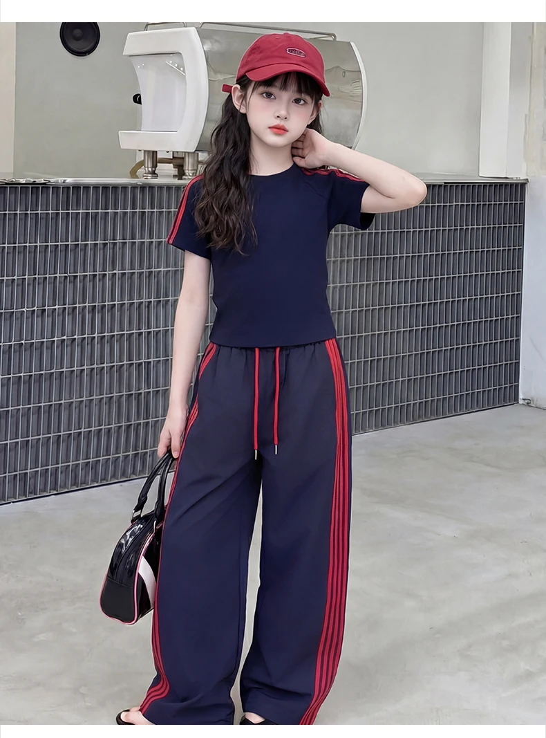 summer cotton teen girl sport clothes set Round Neck short t-shirt+Wide Leg pants 2pcs junior kid sportswear outfits Casual suit