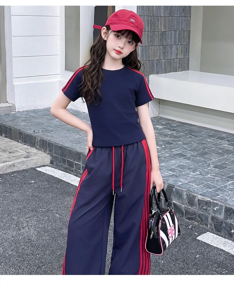 summer cotton teen girl sport clothes set Round Neck short t-shirt+Wide Leg pants 2pcs junior kid sportswear outfits Casual suit