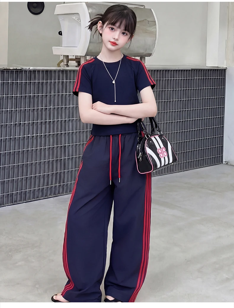 summer cotton teen girl sport clothes set Round Neck short t-shirt+Wide Leg pants 2pcs junior kid sportswear outfits Casual suit