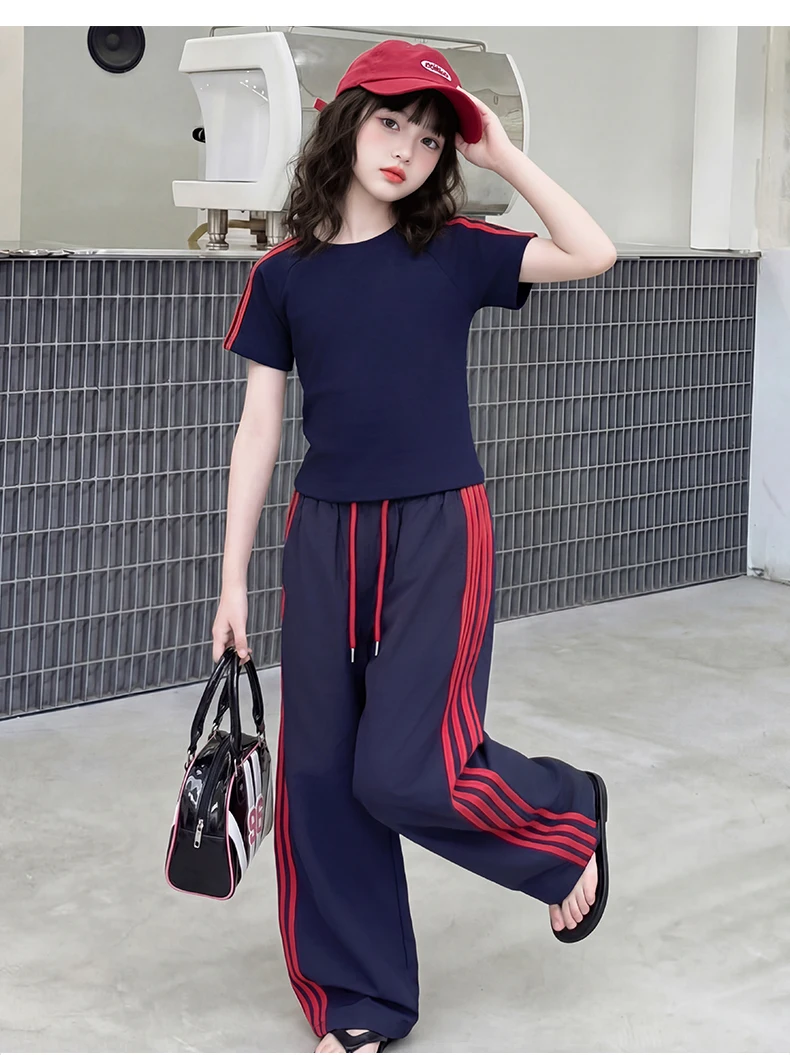 summer cotton teen girl sport clothes set Round Neck short t-shirt+Wide Leg pants 2pcs junior kid sportswear outfits Casual suit