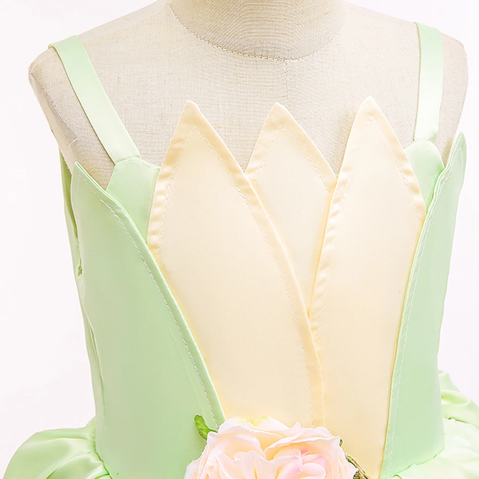 Girls Tiana Costume Green Fairy Tale Princess Dress 2-10 Yrs Kids Luxury Fluffy Gown Children Birthday Party Elegant Tulle Frock